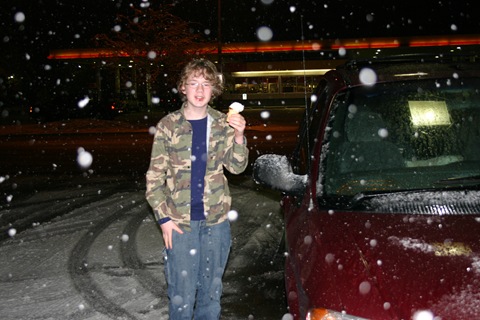 Eating ice cream in a snow flurry