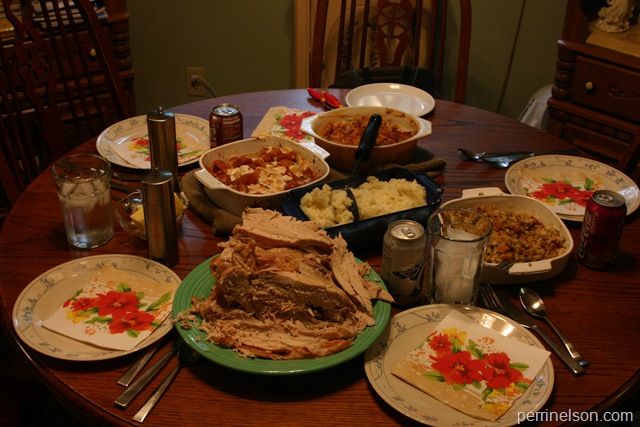 Roast Turkey, Mashed Potatoes, Stuffing, Green Bean Casserole, Candied Sweet Potatoes, Gravy (off camera), and fresh baked rolls (also off camera).